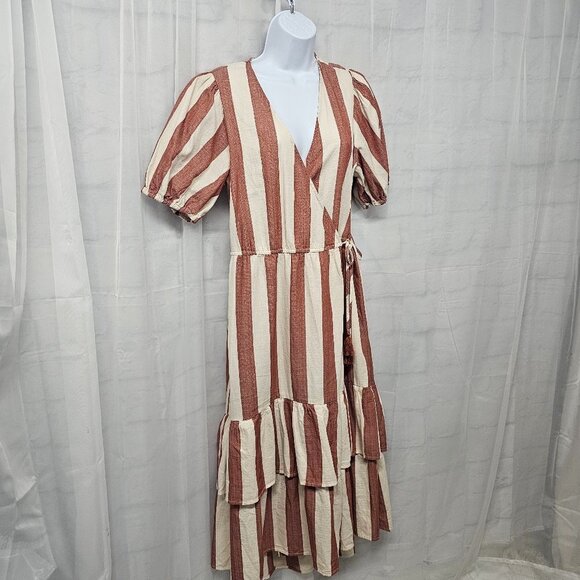 Knox Rose Red Cream Striped Wrap Midi Dress Cottagecore Boho Peasant M - Picture 4 of 11